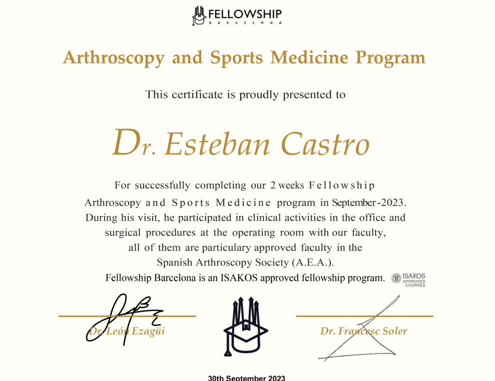 Certificado del programa de artroscopia y medicina deportiva de Esteban Castro